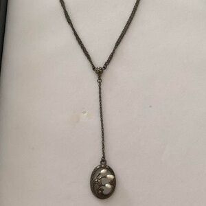 Vintage 925 Sterling Silver Lariat Drop Chain w Pearl & Marcasite Oval Pendant